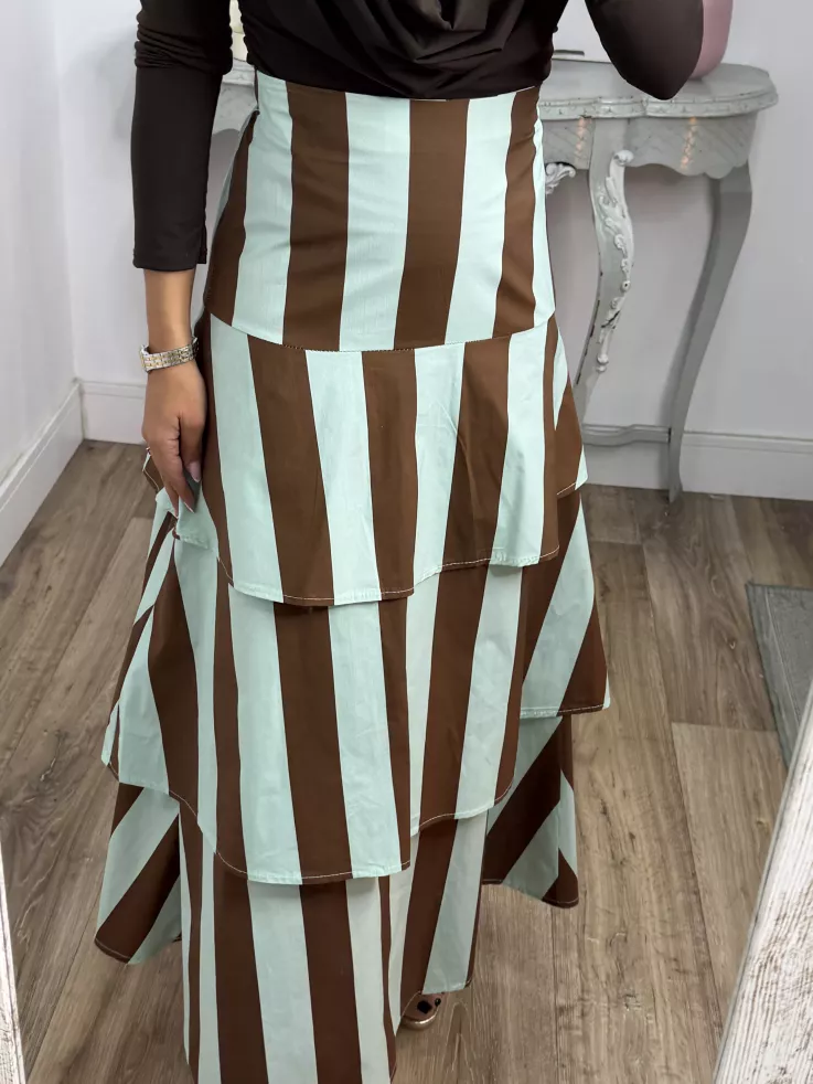 Falda rayas choco y verdeagua volantes