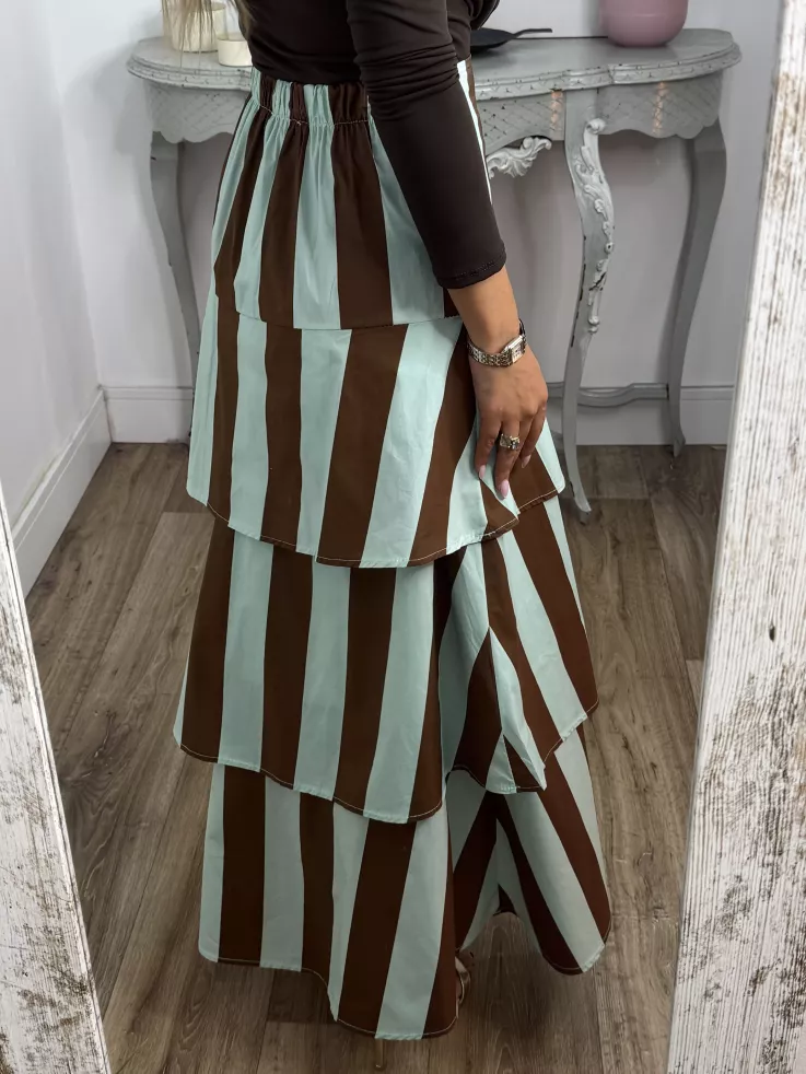 Falda rayas choco y verdeagua volantes