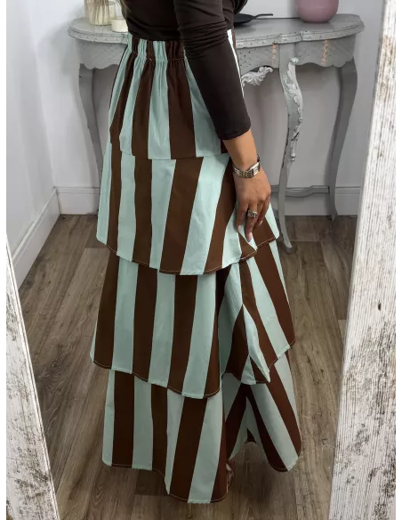 Falda rayas choco y verdeagua volantes