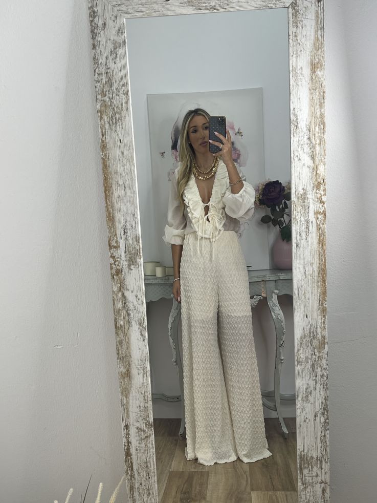 Pantalón tejido punto rugoso hueso