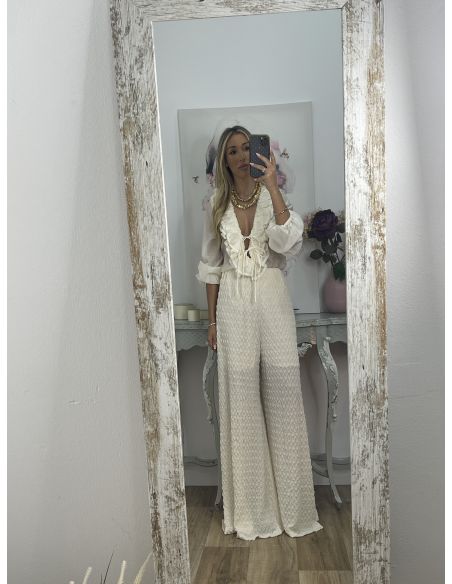 Pantalón tejido punto rugoso hueso