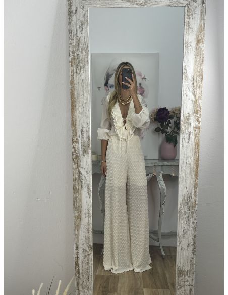 Pantalón tejido punto rugoso hueso