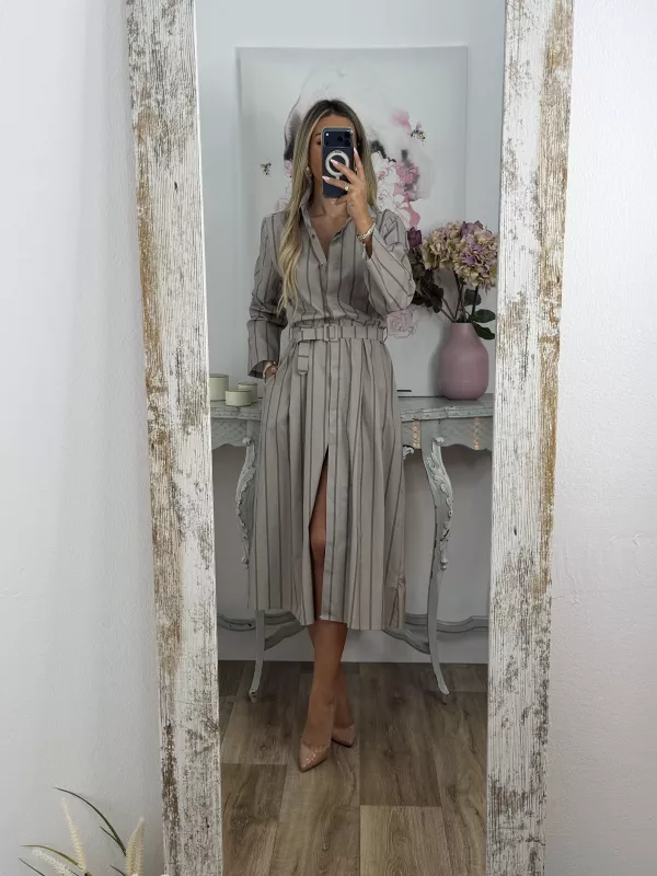 Vestido camisero midi rayas taupe