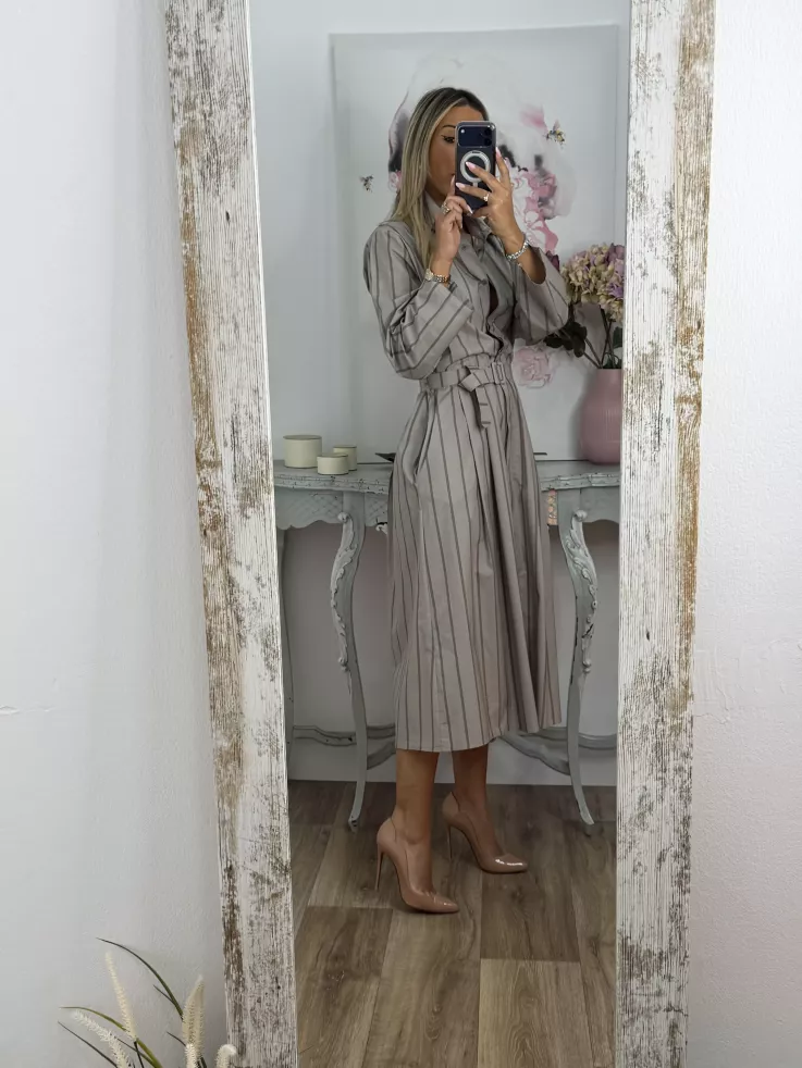 Vestido camisero midi rayas taupe