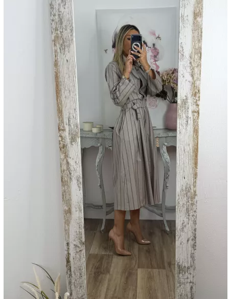 Vestido camisero midi rayas taupe