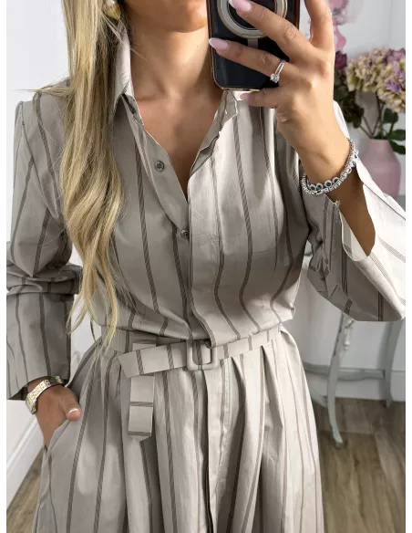 Vestido camisero midi rayas taupe