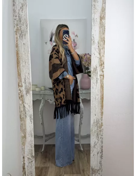 Cardigan print oscuro flecos