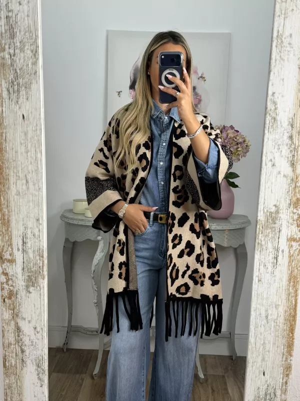 Cardigan print claro flecos