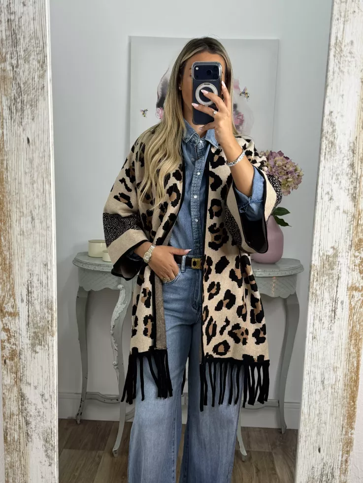 Cardigan print claro flecos