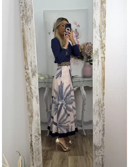 Falda estampada azul flecos negros abajo