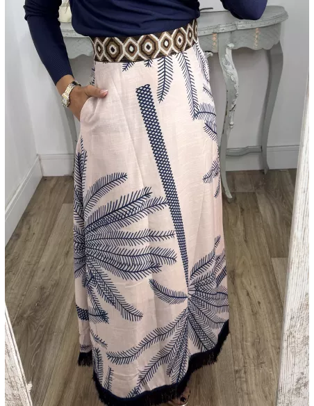 Falda estampada azul flecos negros abajo
