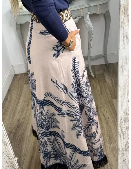 Falda estampada azul flecos negros abajo