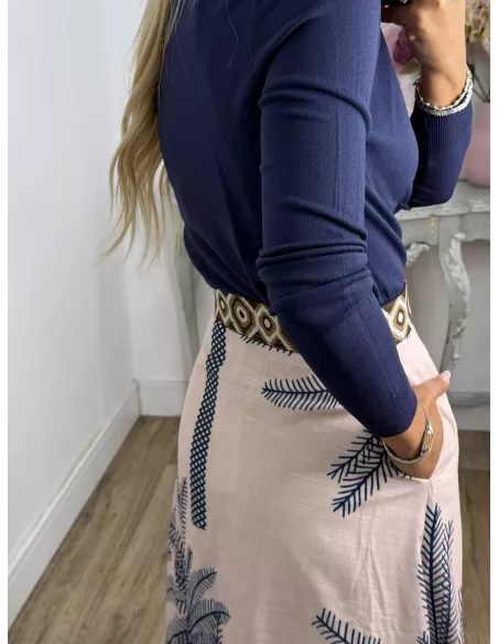 Falda estampada azul flecos negros abajo