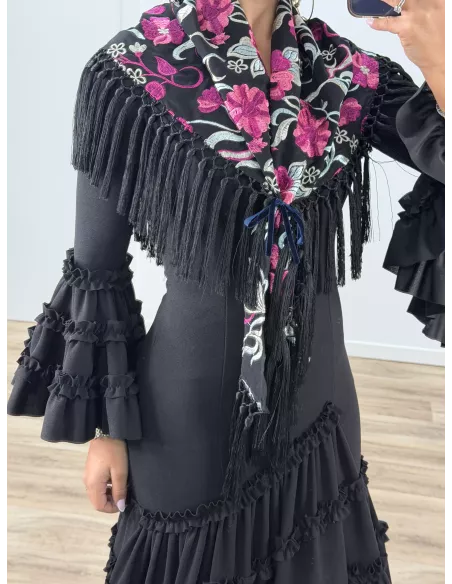 Mantón Rocio negro bordado buganvilla