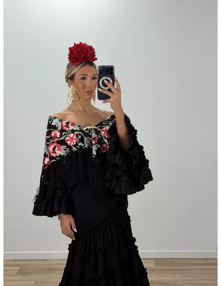 Mantón Rocio negro bordado rojo