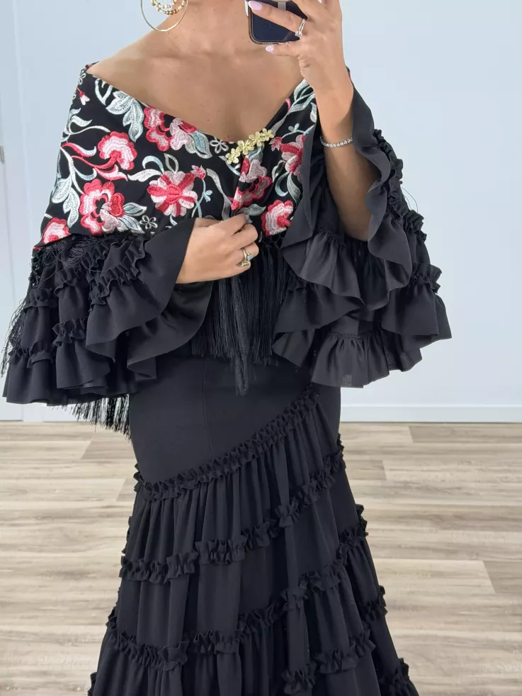 Mantón Rocio negro bordado rojo