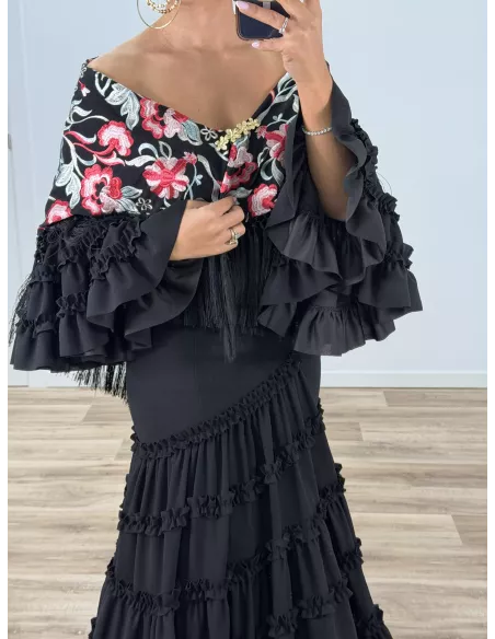 Mantón Rocio negro bordado rojo