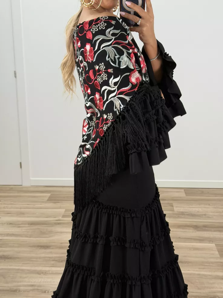 Mantón Rocio negro bordado rojo