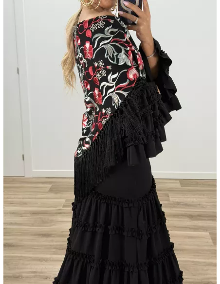 Mantón Rocio negro bordado rojo