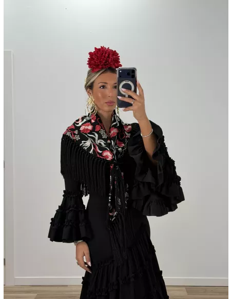 Mantón Rocio negro bordado rojo