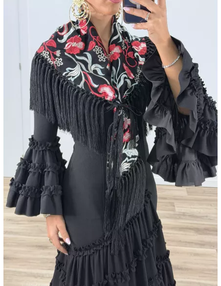 Mantón Rocio negro bordado rojo