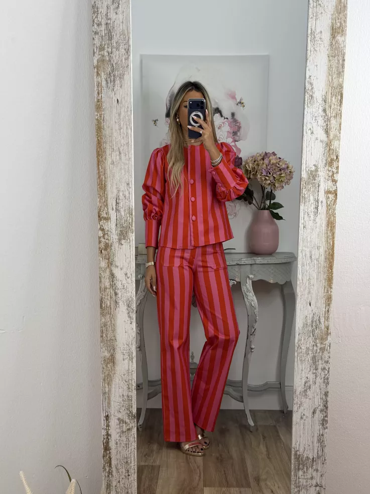 Conjunto Mileni rayas rojo y rosa