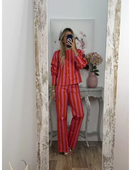Conjunto Mileni rayas rojo y rosa