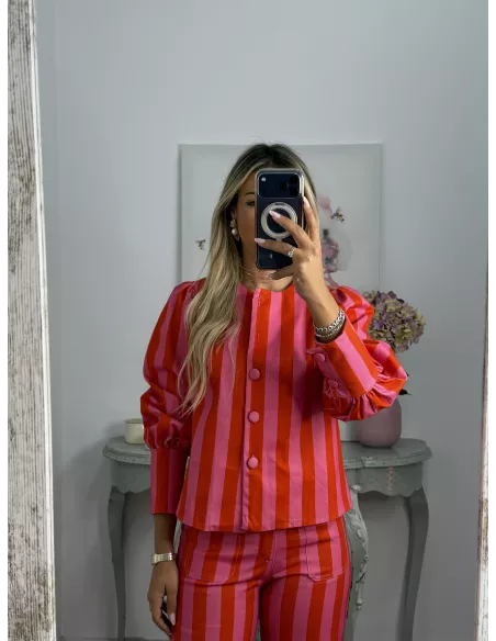 Conjunto Mileni rayas rojo y rosa