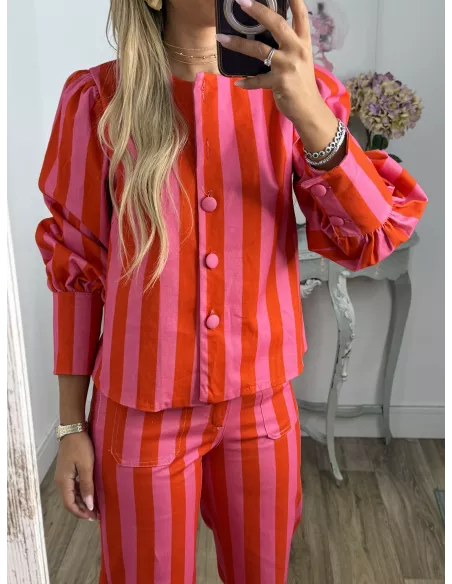 Conjunto Mileni rayas rojo y rosa