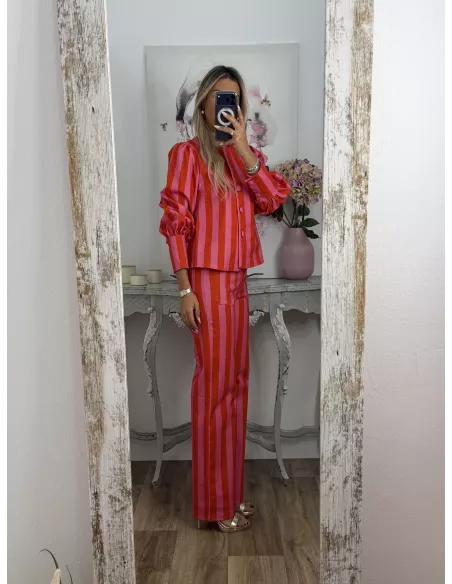 Conjunto Mileni rayas rojo y rosa