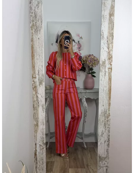 Conjunto Mileni rayas rojo y rosa