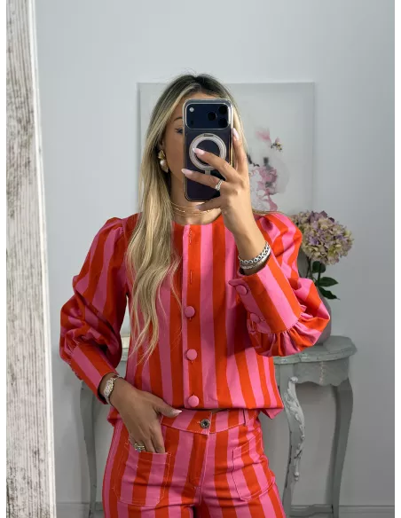 Conjunto Mileni rayas rojo y rosa