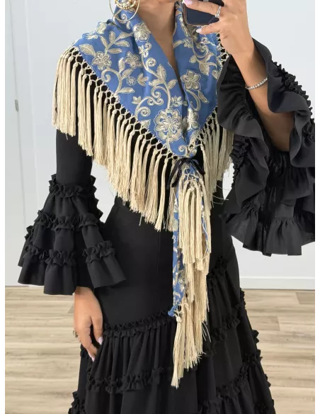 Mantón Rocio bordado azul y beige