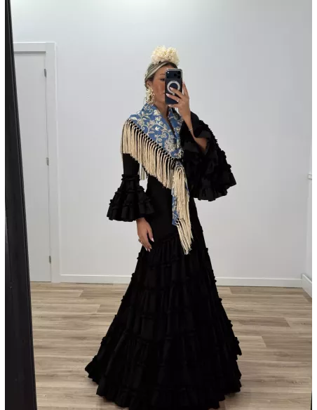 Mantón Rocio bordado azul y beige