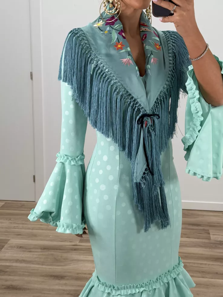 Mantón bordado pajaro verde agua