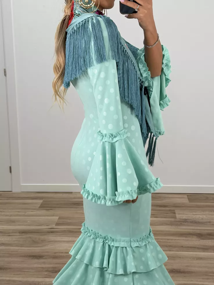 Mantón bordado pajaro verde agua