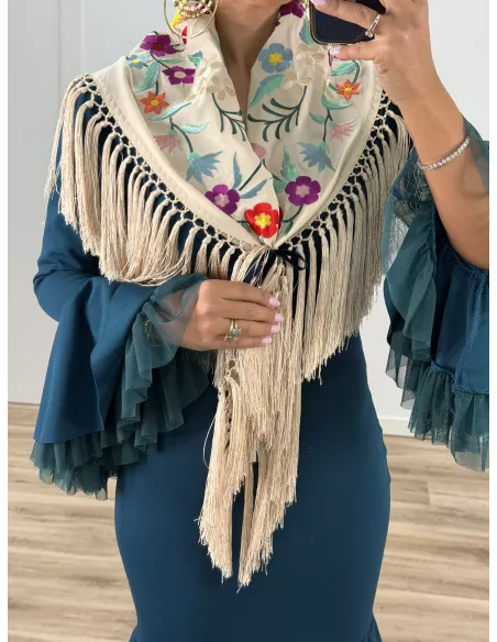 Mantón bordado pajaro beige