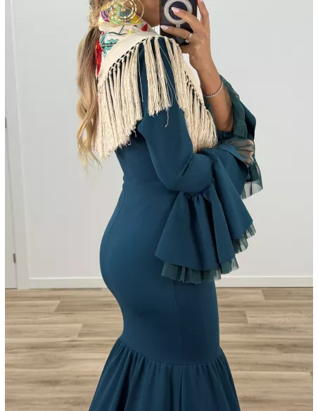 Mantón bordado pajaro beige