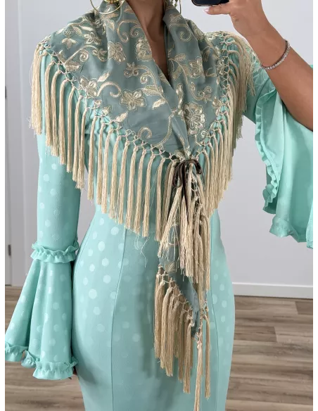Mantón Rocio bordado verde agua y beige