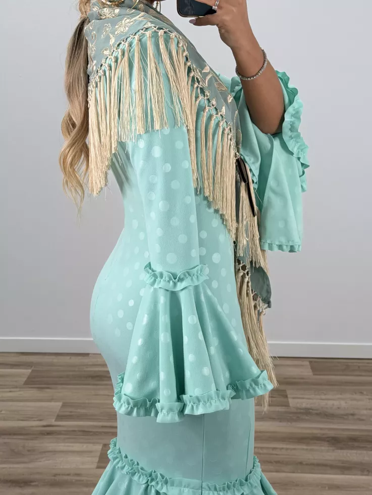 Mantón Rocio bordado verde agua y beige
