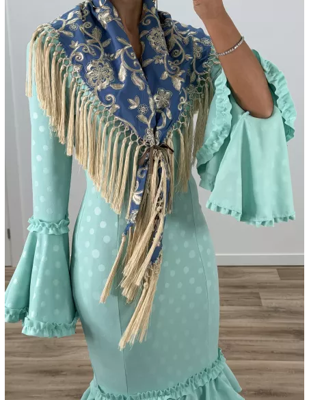 Mantón Rocio bordado azul y beige