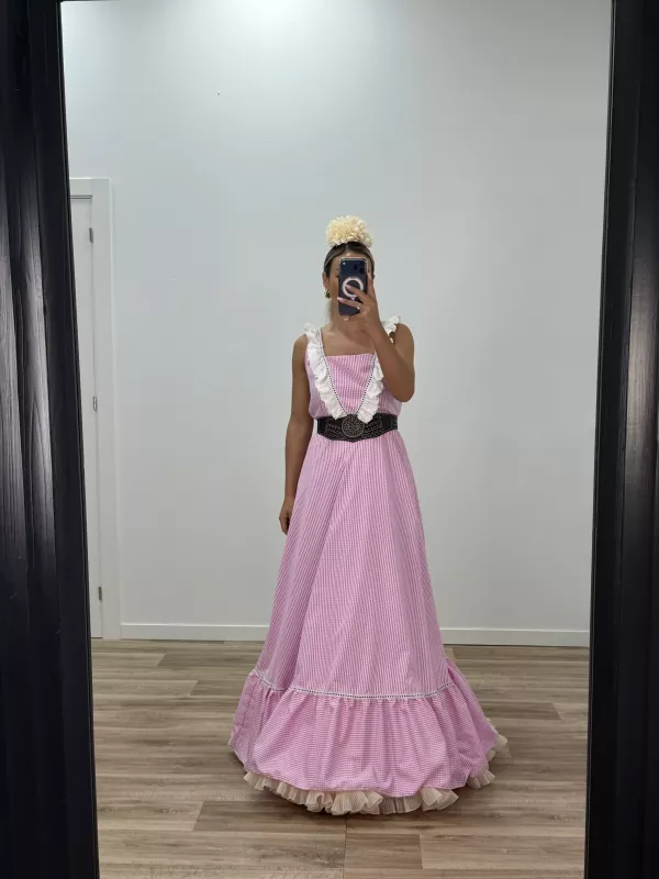 Bata cuadros rosa con batista bordada