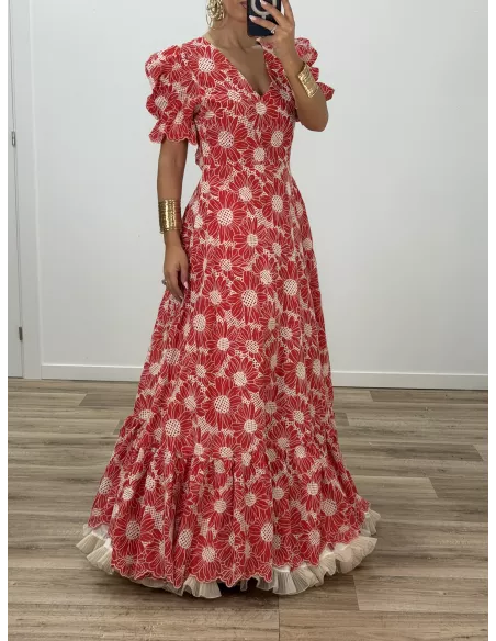 Bata bordada roja espalda al aire