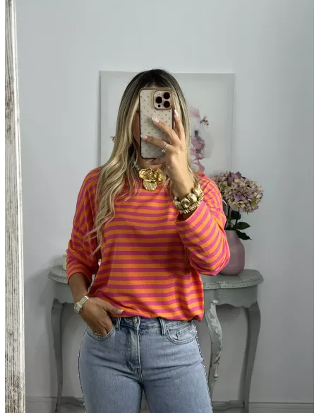 Camiseta San naranja y rosa