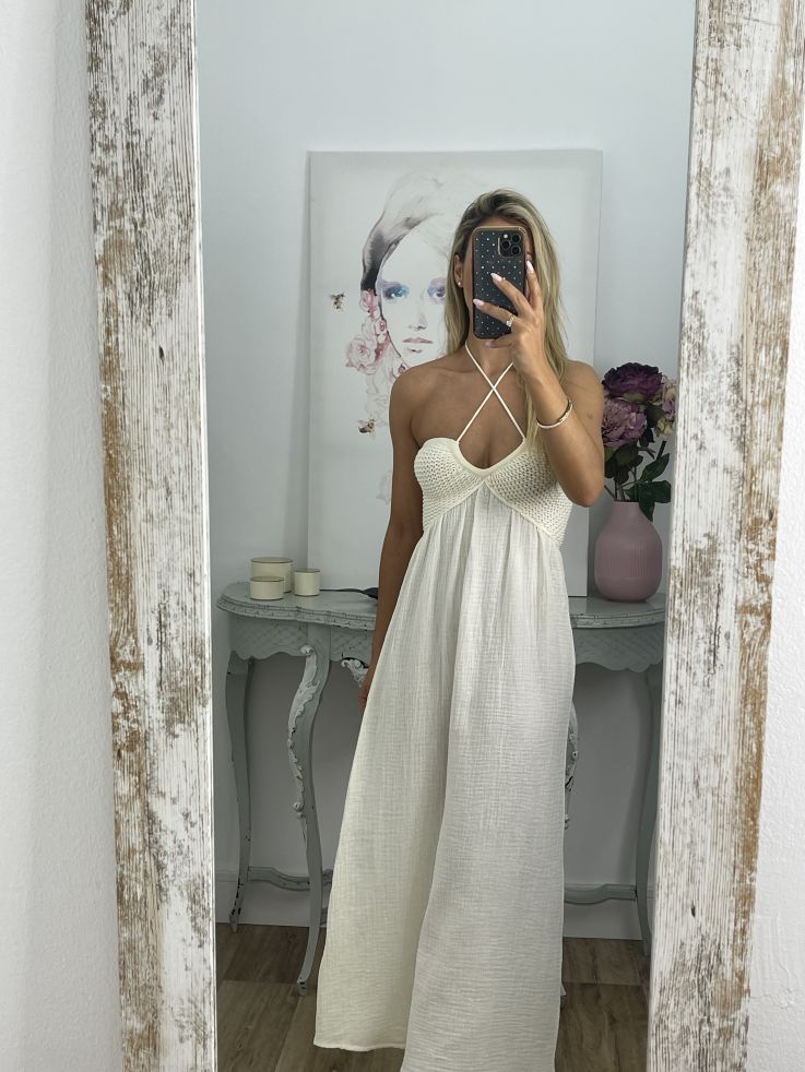 Vestido con escote de crochet beige