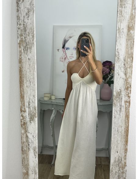 Vestido con escote de crochet beige