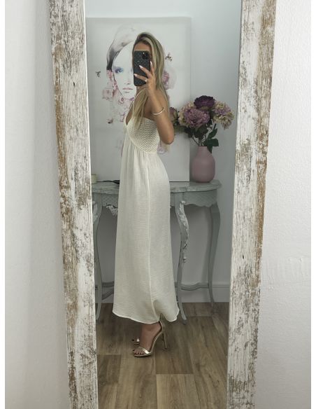 Vestido con escote de crochet beige