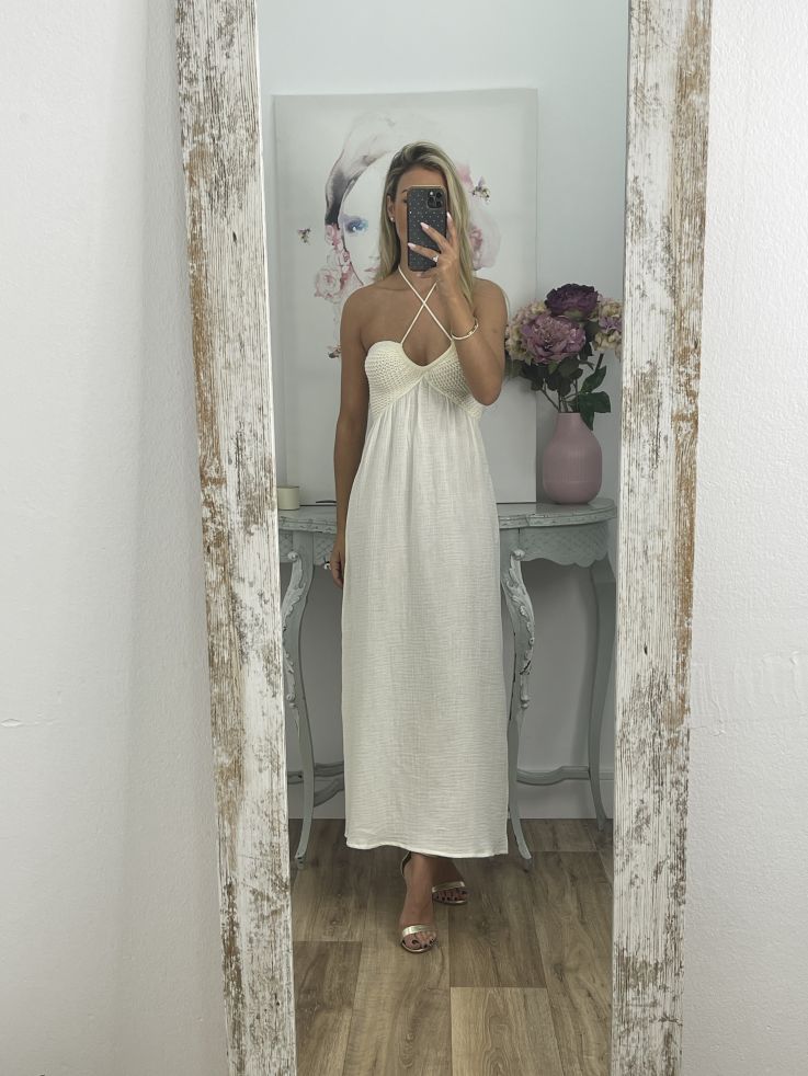 Vestido con escote de crochet beige