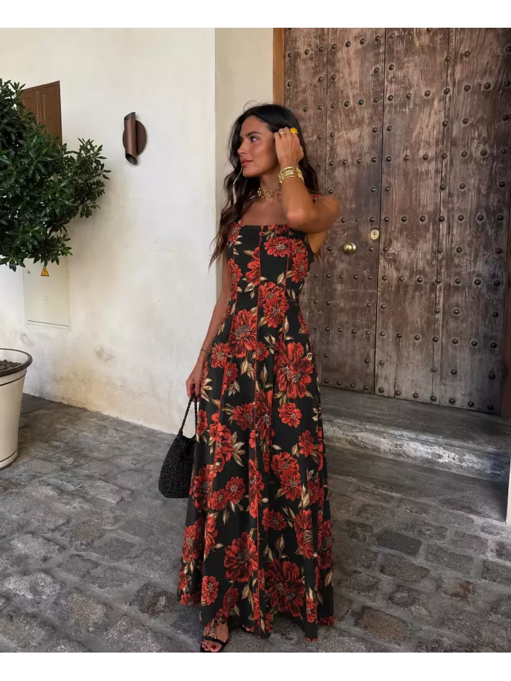 Vestido Gabriela negro y flores roja