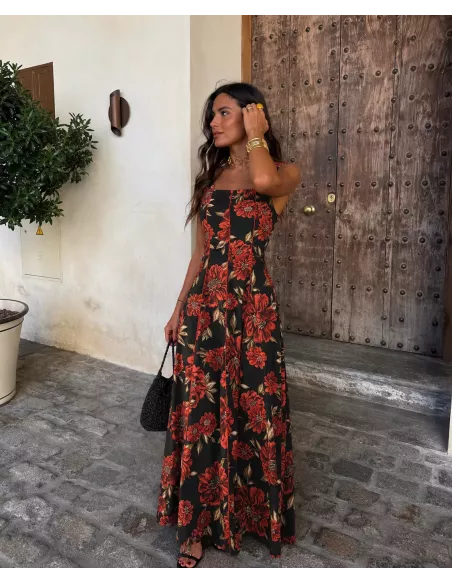 Vestido Gabriela negro y flores roja